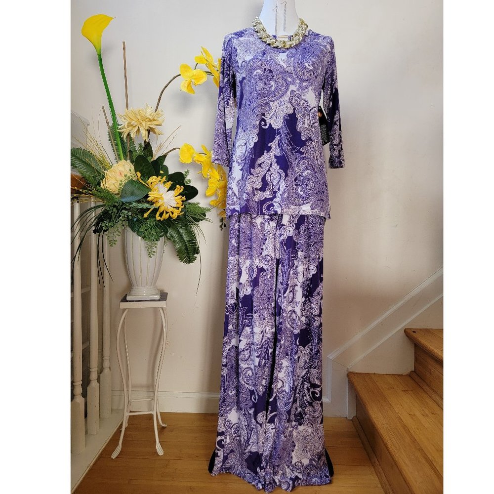 IMAN Global Chic Purple Paisley Tunic & Palazzo Pant Set + Goldtone Jewelery Set